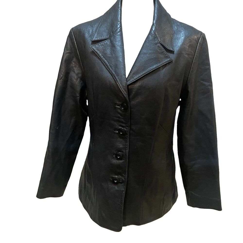 Vintage 90s Wilsons Black Leather Blazer Coat Blue Lined Matrix Indie Sleaze L